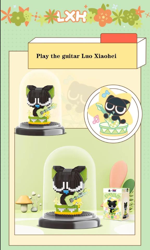 Balody Kawaii Cartoon Black Cat Play Guitar Building Blocks The Legend Of Luo Xiao-Hei Movie Mini Bricks Model Toys For Children Christmas Gifts