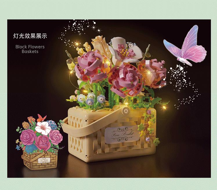 Balody 1277PCS Rose Basket Mini Building Block Plants Eternal Flower 3D Model Micro Bricks Toys Rose Basket For Home Decoration Girls Building Blocks Toys Birthday Present Gifts