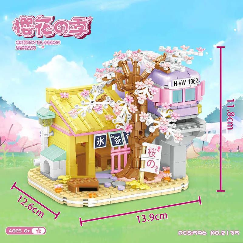 Mini Japanese-style Ice Tea Shop Street View Sakura Tree Building Blocks Tea House Brick for Kids Gifts Chinese Style for Girlfriends
