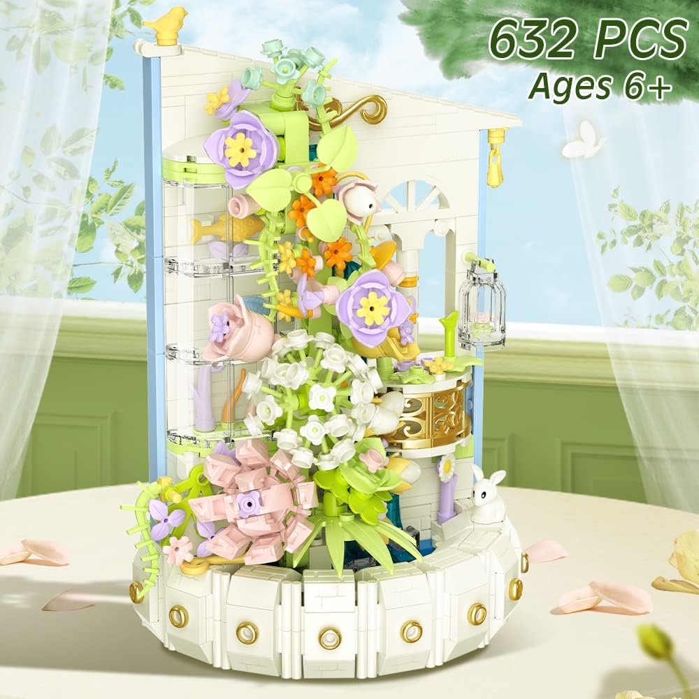 Mini Building Flowers Sets,with Light 632 Pieces Botanical Collection for Ages 8-12 yrs Old Girl for Gift