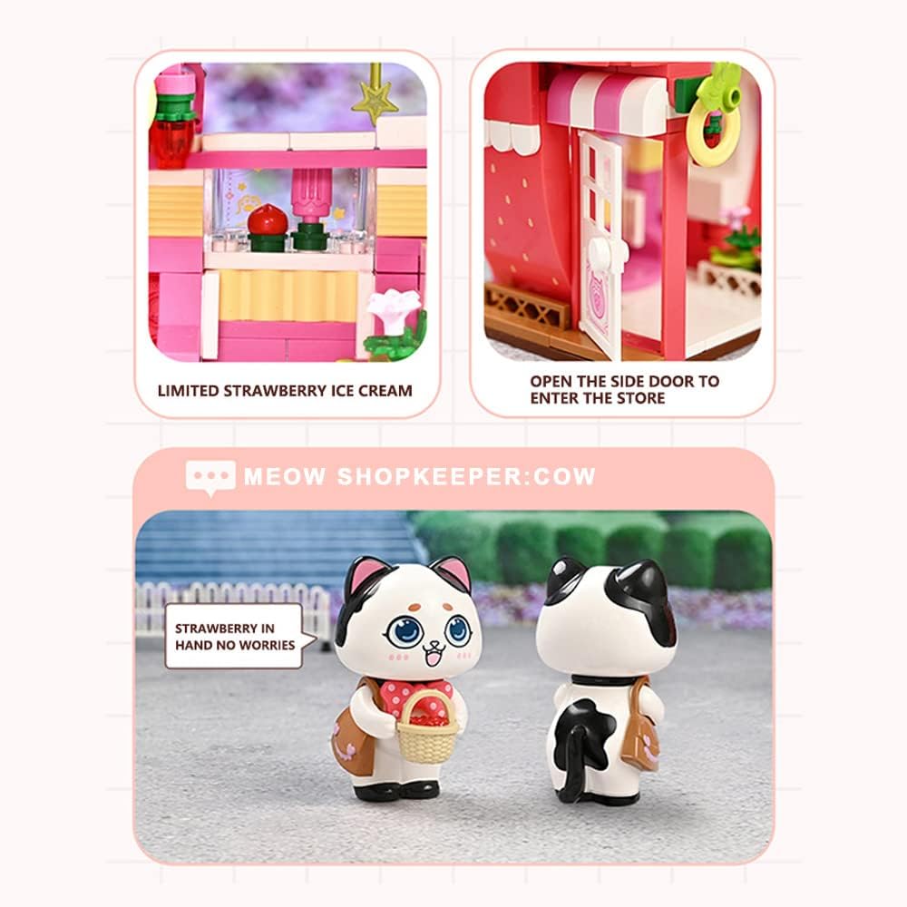 Qmen Keeppley Cat Strawberry House Building Set, Friends House, Creative Cute Construction Kit, with A Lovely Cat, City Corner Building Block Toy for 6+