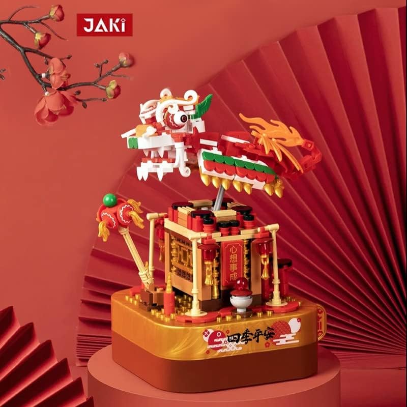 Jaki Chinese Lion Dance New Year Good Luck Decor Gift Model Set with Music Box | Compatible with Lego Ideas