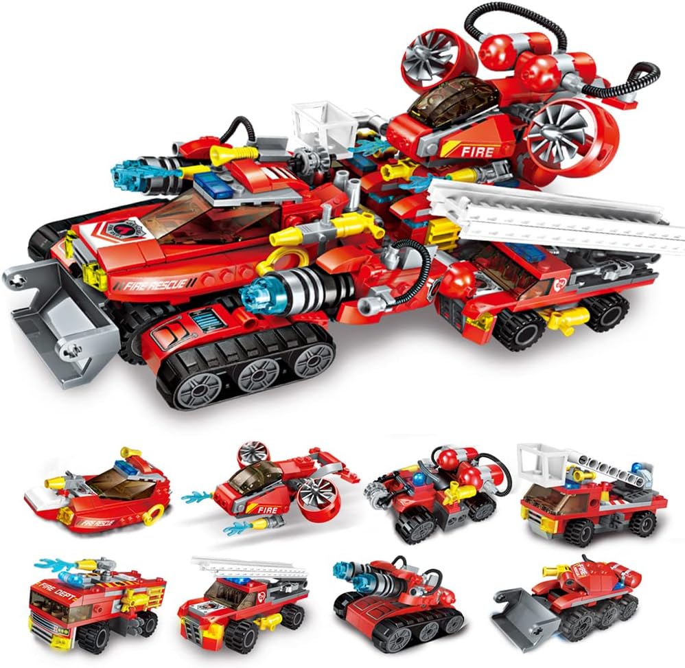 Qmen City Fire Car Building Bricks Toys, 9-in-1 STEM Building Toys for Boys, Creative Construction Toys Fire Vehicles Blocks Kit