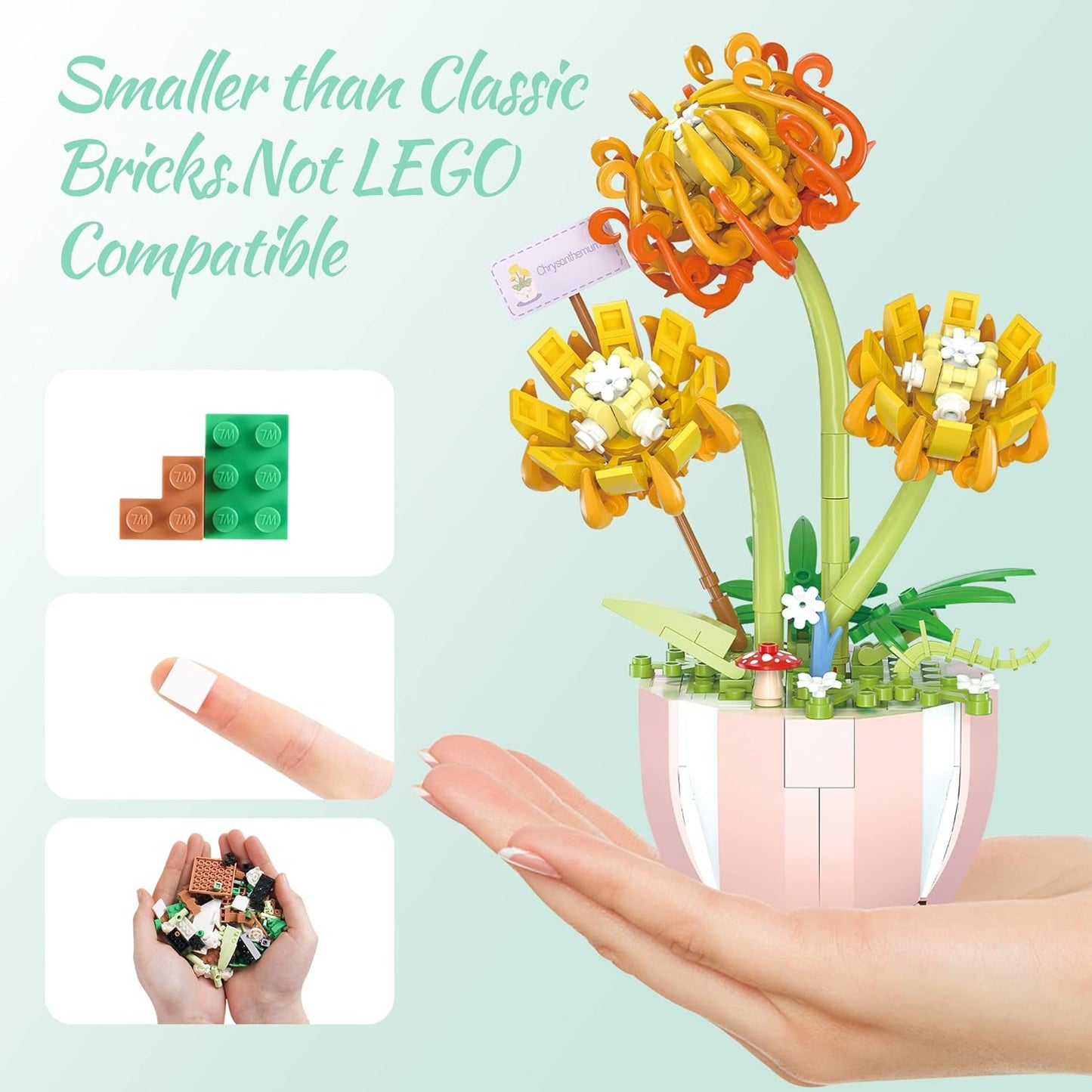 Chrysanthemum Flowers Bouquet Building Set Toy,Office Decor Sets Artificial Flowers Construction Toys,Creative DIY Botany Immortal Flower Decoration Gift for Kids Adults-388pcs