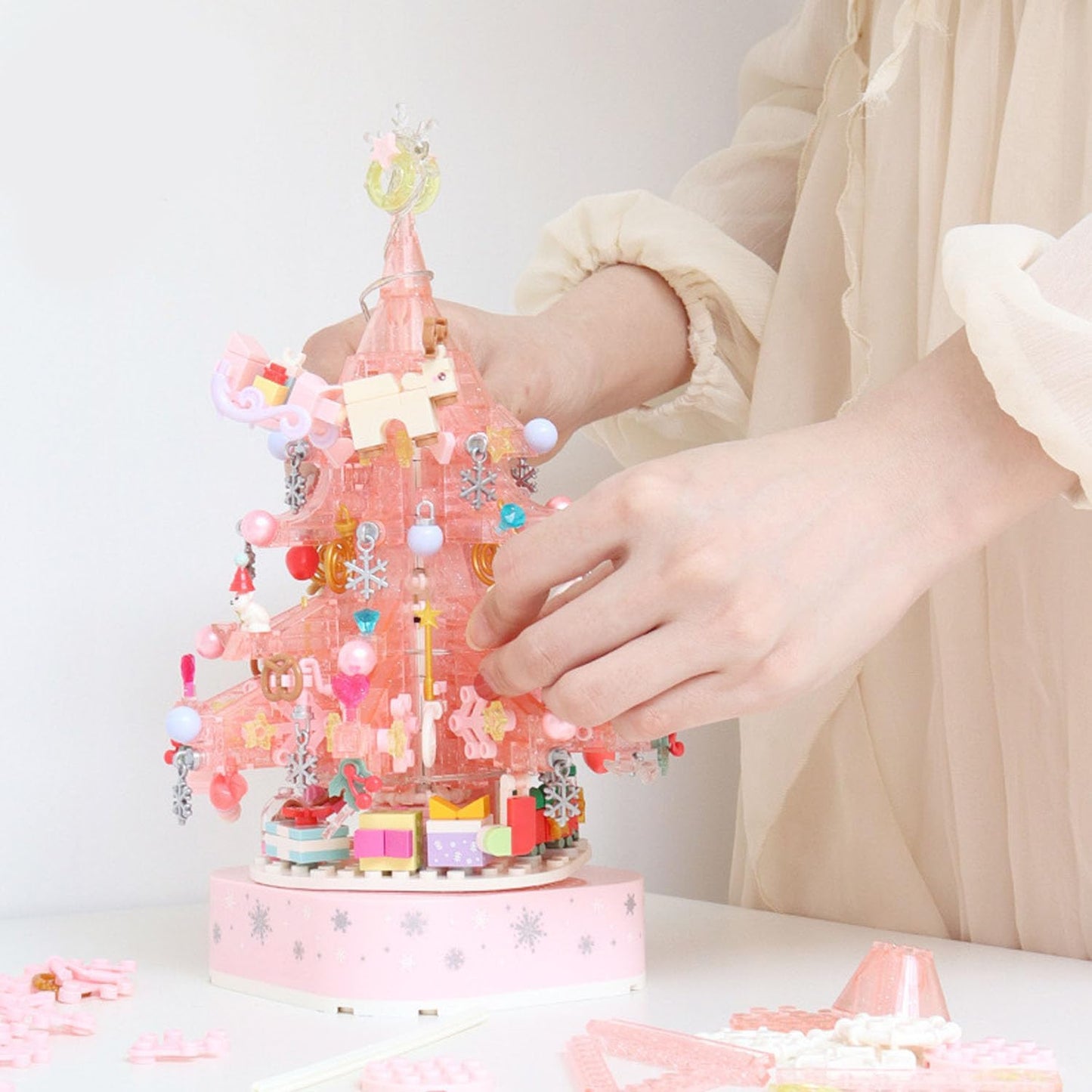 Sembo Pink Crystal Christmas Tree Building Block Set Rotating Christmas Bricks Toy with music box