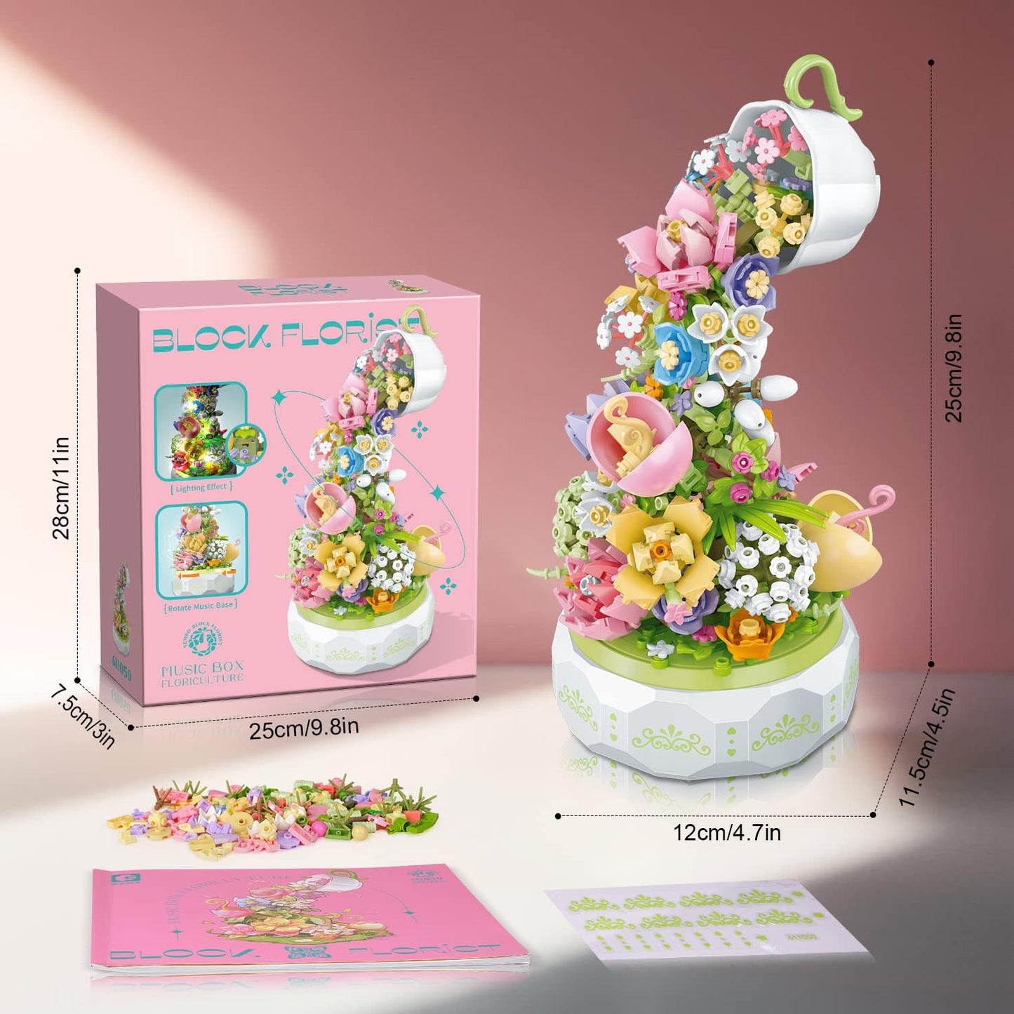 Sembo Flowers Music Box Building Set with Light- Creative Bouquet Botanical Rotating Music Box Building Blocks Kits DIY Artificial Flower Plant Decor Gift for Adults Kids Girls Ages 6+ (575 PCS)