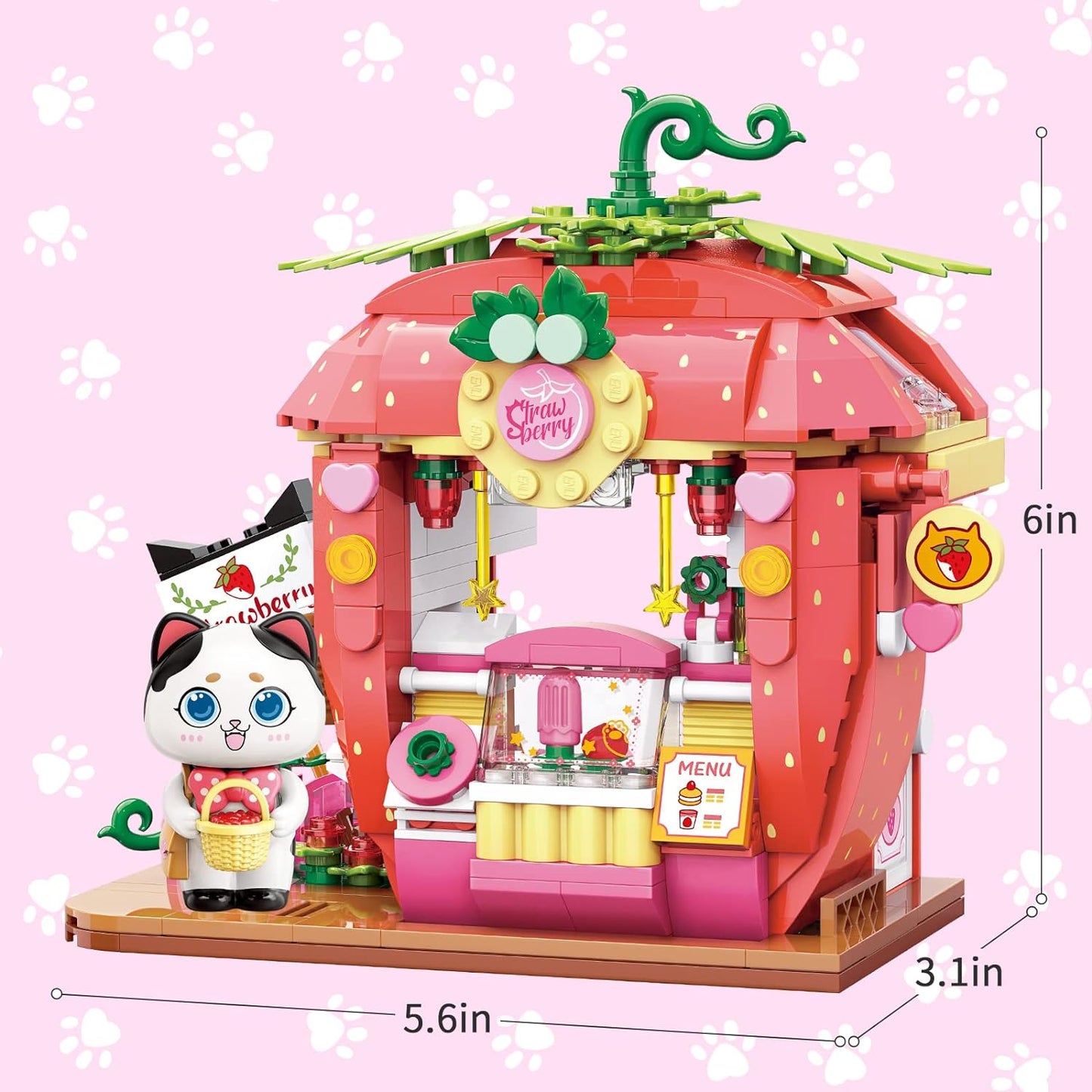 Qmen Keeppley Cat Strawberry House Building Set, Friends House, Creative Cute Construction Kit, with A Lovely Cat, City Corner Building Block Toy for 6+