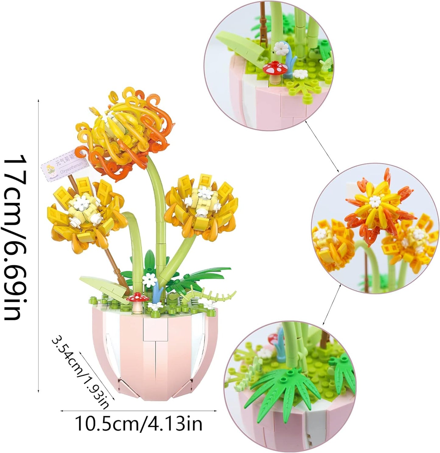 Chrysanthemum Flowers Bouquet Building Set Toy,Office Decor Sets Artificial Flowers Construction Toys,Creative DIY Botany Immortal Flower Decoration Gift for Kids Adults-388pcs