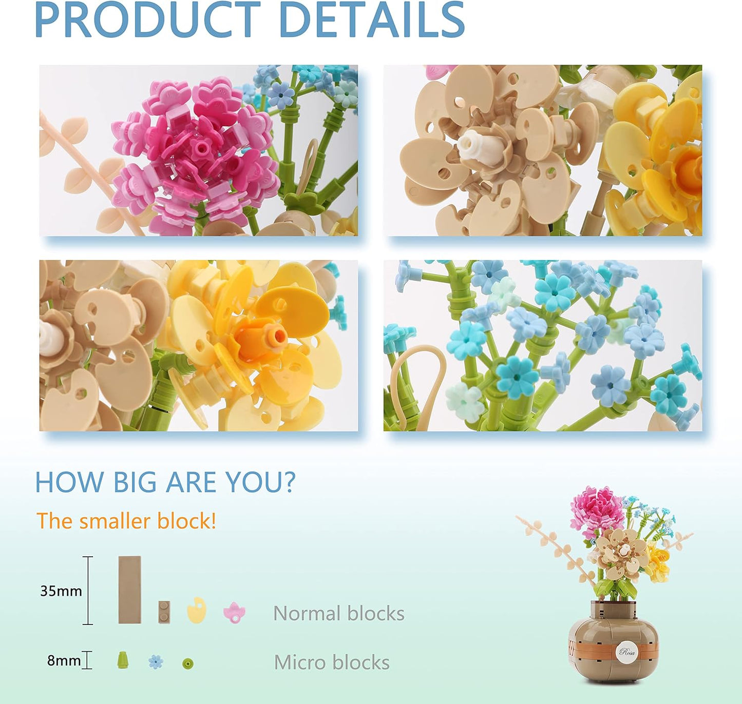 Balody Rosa Flower Building Blocks Set, DIY Aromatherapy Flower Bouquet and Bonsai Trees Mini Bricks 542 Pieces