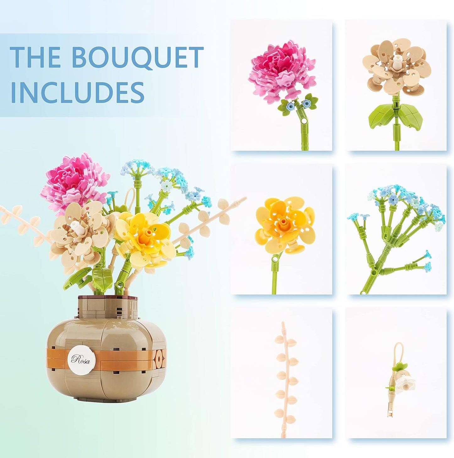 Balody Rosa Flower Building Blocks Set, DIY Aromatherapy Flower Bouquet and Bonsai Trees Mini Bricks 542 Pieces