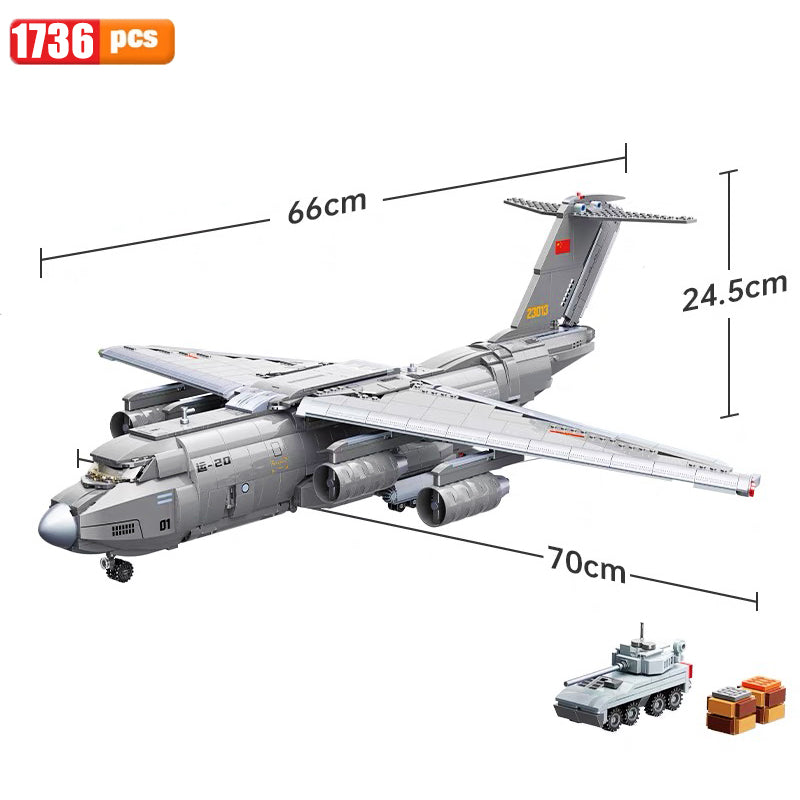 Qmen Military Plane Building Blocks, 1736pcs Battlefield Series Y-20 Large Transport Aircraft Model Kit, Military Helicopter Collectible Toy Construction Set Compatible with Lego