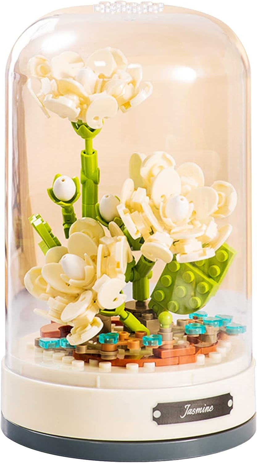 Jaki MEIEST Building Blocks Flowers Bouquet Set with Music Box and Dust-Proof Dome,Simulation Artificial Particle Flower Collection Construction Building Bricks Toy,Home Decor (Red Rose)