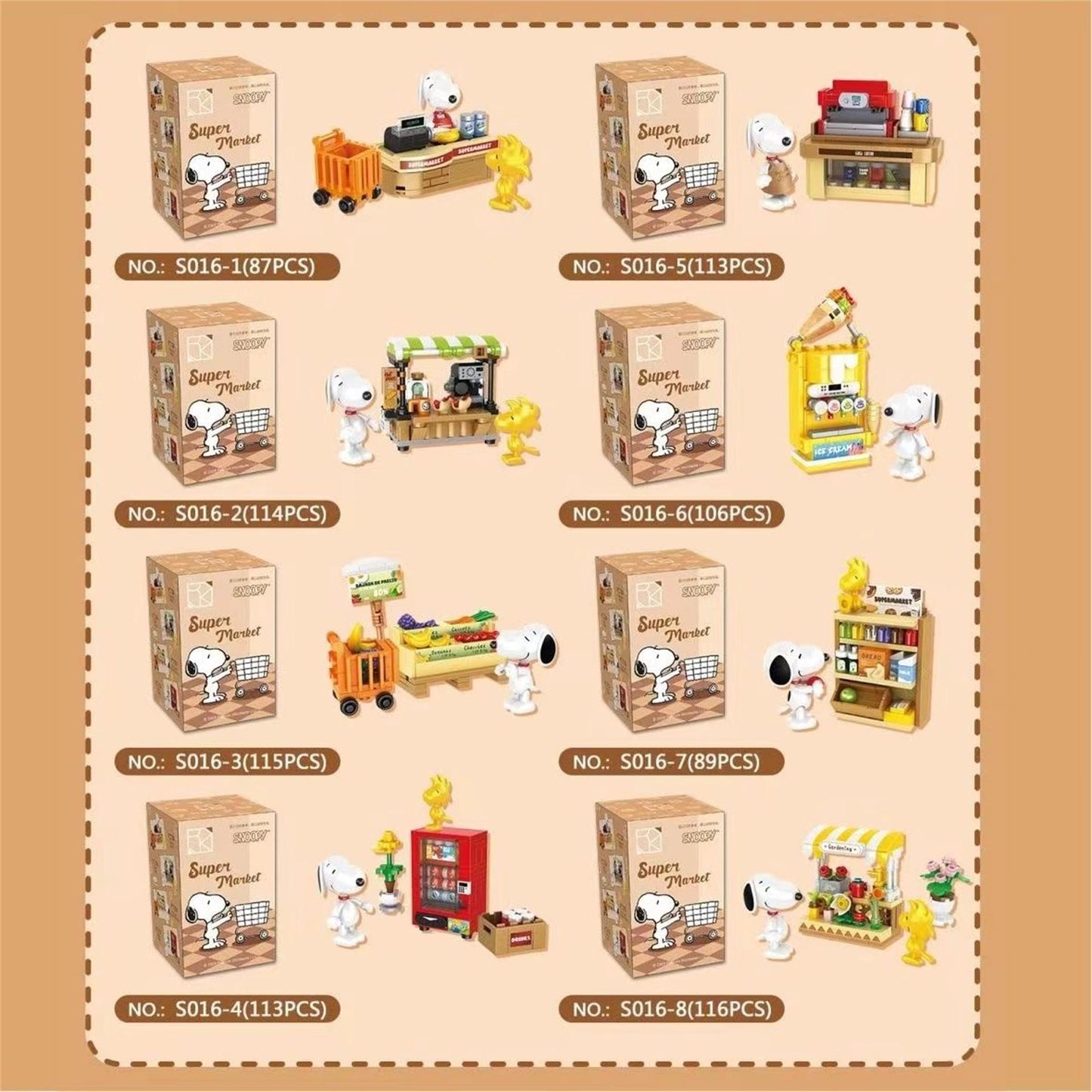 Blind Box Series Snoopy supermarket random 8 Packs Mini Shop View Building Blocks kit
