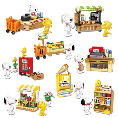 Blind Box Series Snoopy supermarket random 8 Packs Mini Shop View Building Blocks kit