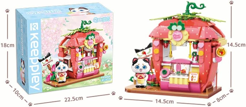 Qmen Keeppley Cat Strawberry House Building Set, Friends House, Creative Cute Construction Kit, with A Lovely Cat, City Corner Building Block Toy for 6+