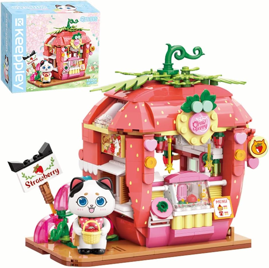 Qmen Keeppley Cat Strawberry House Building Set, Friends House, Creative Cute Construction Kit, with A Lovely Cat, City Corner Building Block Toy for 6+