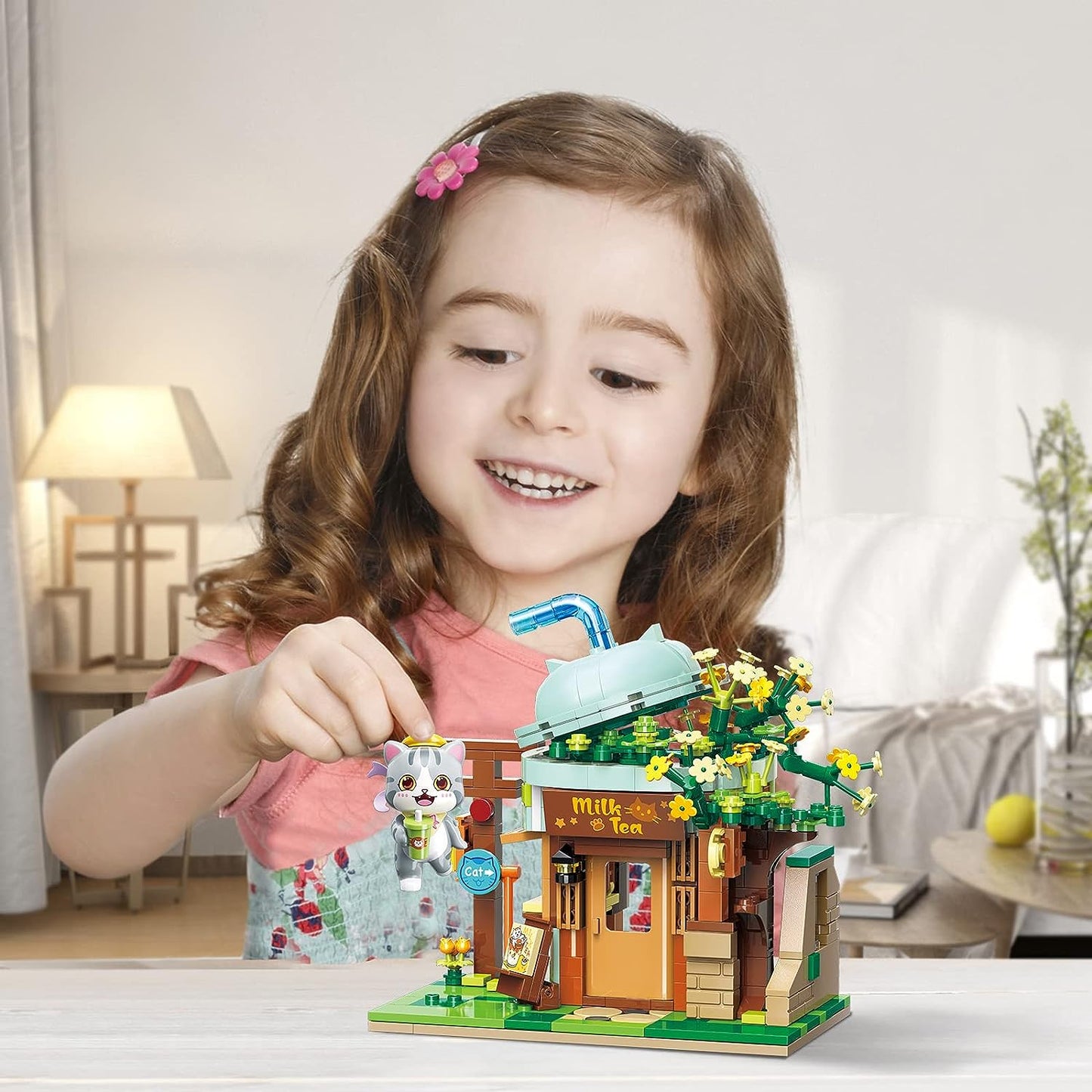 Qmen Keeppley Cat Milk Tea Shop Building Set, Friends House, Creative Cute Construction Kit, with A Lovely Cat, City Corner Building Block Toy for 6+ Kids Best Gift