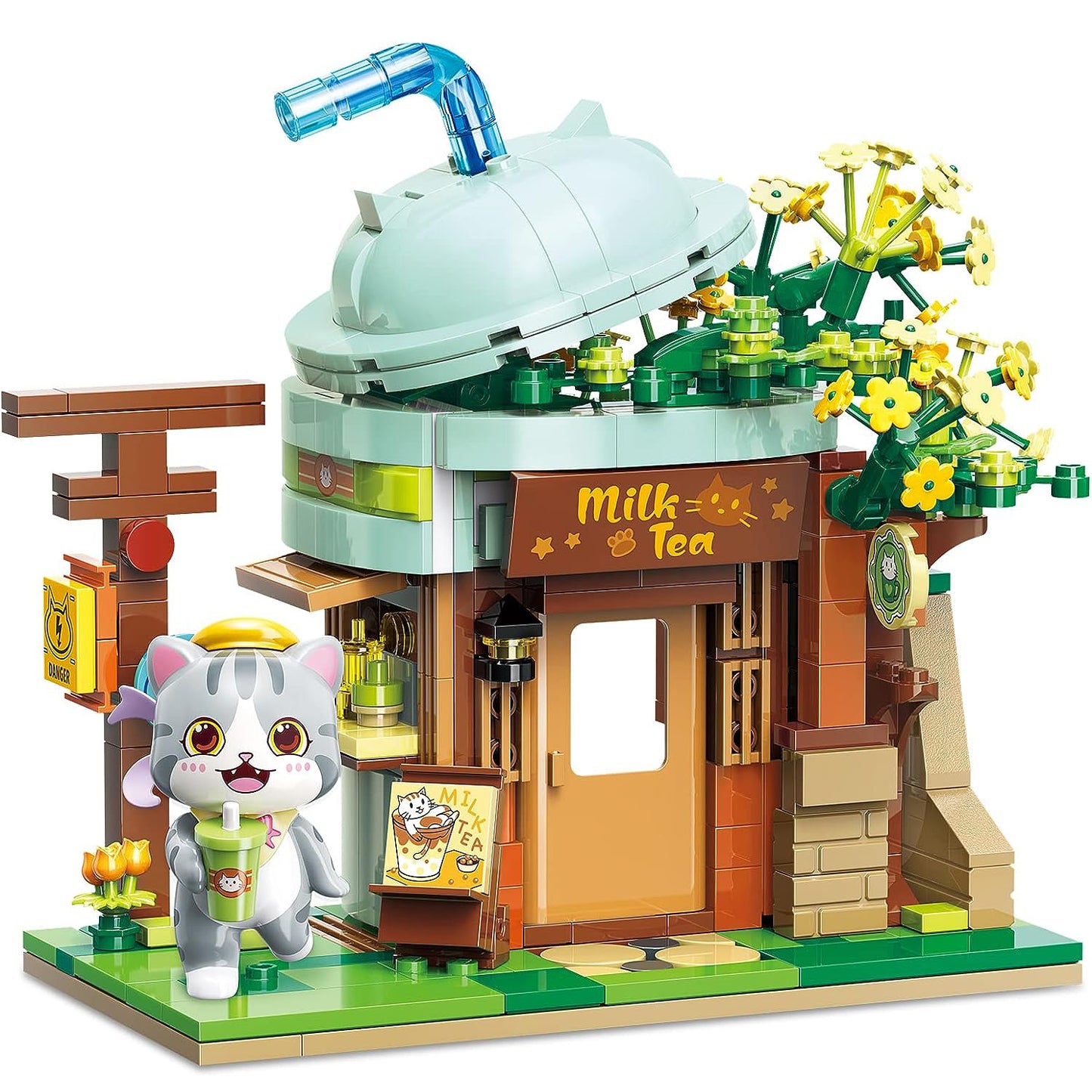 Qmen Keeppley Cat Milk Tea Shop Building Set, Friends House, Creative Cute Construction Kit, with A Lovely Cat, City Corner Building Block Toy for 6+ Kids Best Gift