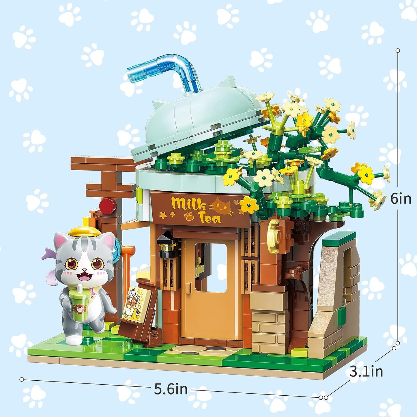 Qmen Keeppley Cat Milk Tea Shop Building Set, Friends House, Creative Cute Construction Kit, with A Lovely Cat, City Corner Building Block Toy for 6+ Kids Best Gift