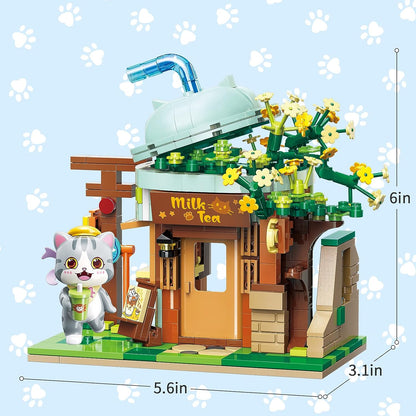 Qmen Keeppley Cat Milk Tea Shop Building Set, Friends House, Creative Cute Construction Kit, with A Lovely Cat, City Corner Building Block Toy for 6+ Kids Best Gift