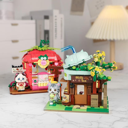 Qmen Keeppley Cat Milk Tea Shop Building Set, Friends House, Creative Cute Construction Kit, with A Lovely Cat, City Corner Building Block Toy for 6+ Kids Best Gift