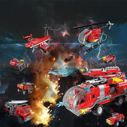 Qmen City Fire Truck Building Kit Compatible with Lego City Fire Truck 8-in-1 Building Block, Fire Helicopter Toys Building Sets