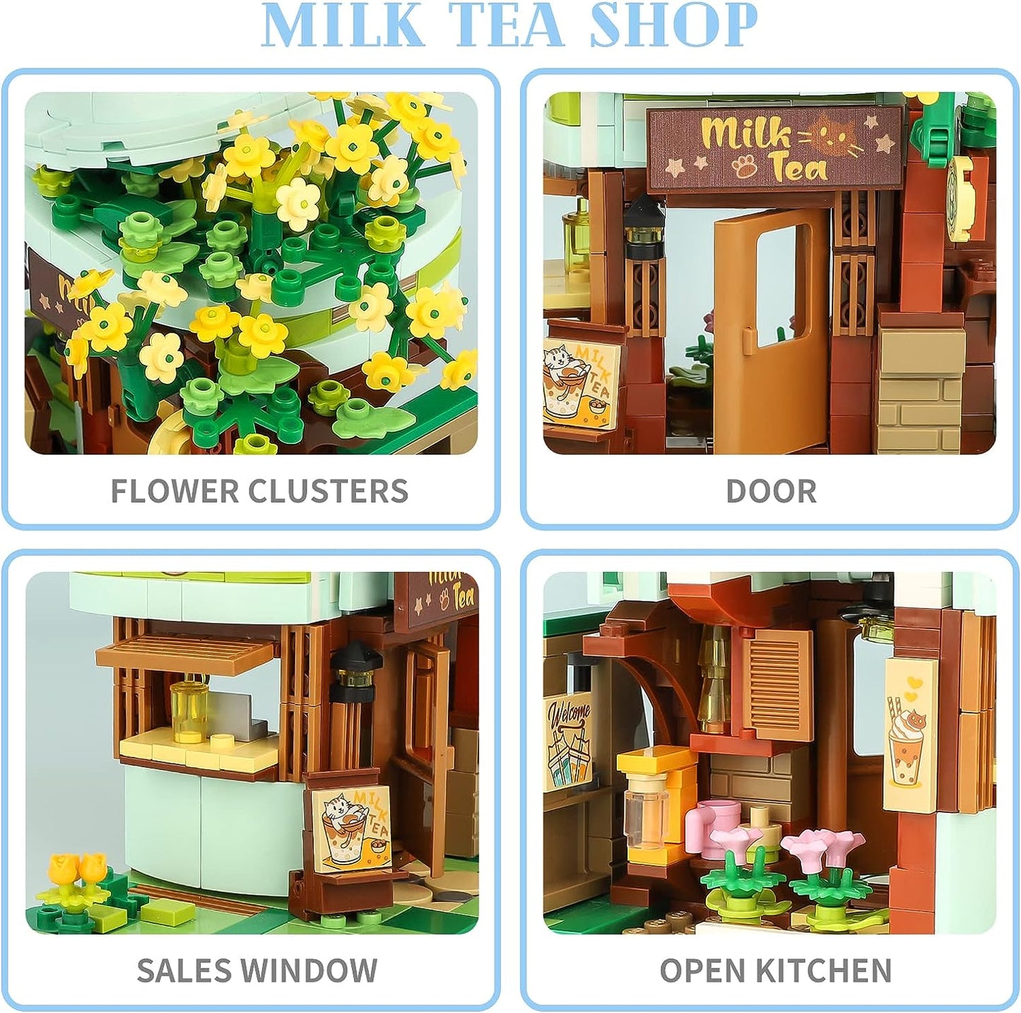 Qmen Keeppley Cat Milk Tea Shop Building Set, Friends House, Creative Cute Construction Kit, with A Lovely Cat, City Corner Building Block Toy for 6+ Kids Best Gift