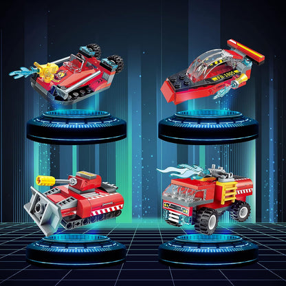 Qmen City Fire Truck Building Kit Compatible with Lego City Fire Truck 8-in-1 Building Block, Fire Helicopter Toys Building Sets