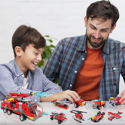 Qmen City Fire Truck Building Kit Compatible with Lego City Fire Truck 8-in-1 Building Block, Fire Helicopter Toys Building Sets