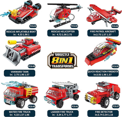 Qmen City Fire Truck Building Kit Compatible with Lego City Fire Truck 8-in-1 Building Block, Fire Helicopter Toys Building Sets