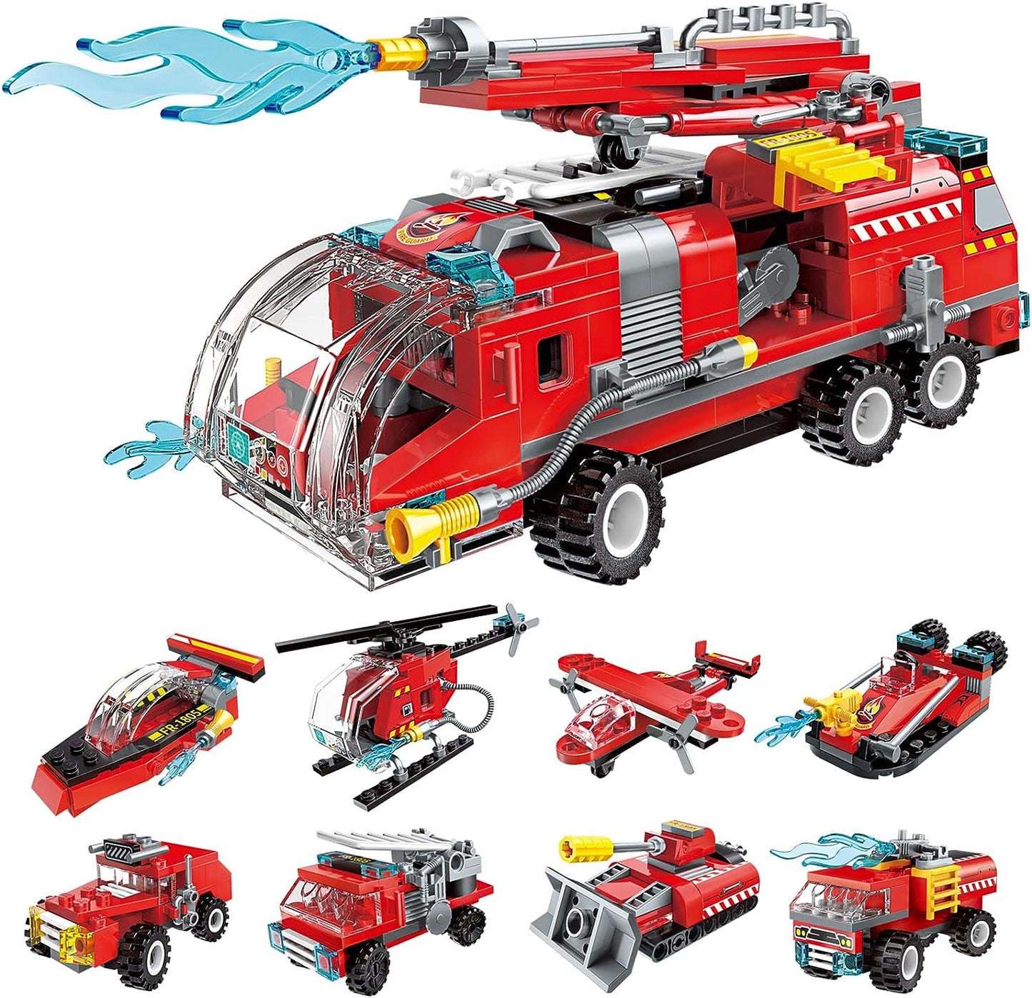 Qmen City Fire Truck Building Kit Compatible with Lego City Fire Truck 8-in-1 Building Block, Fire Helicopter Toys Building Sets