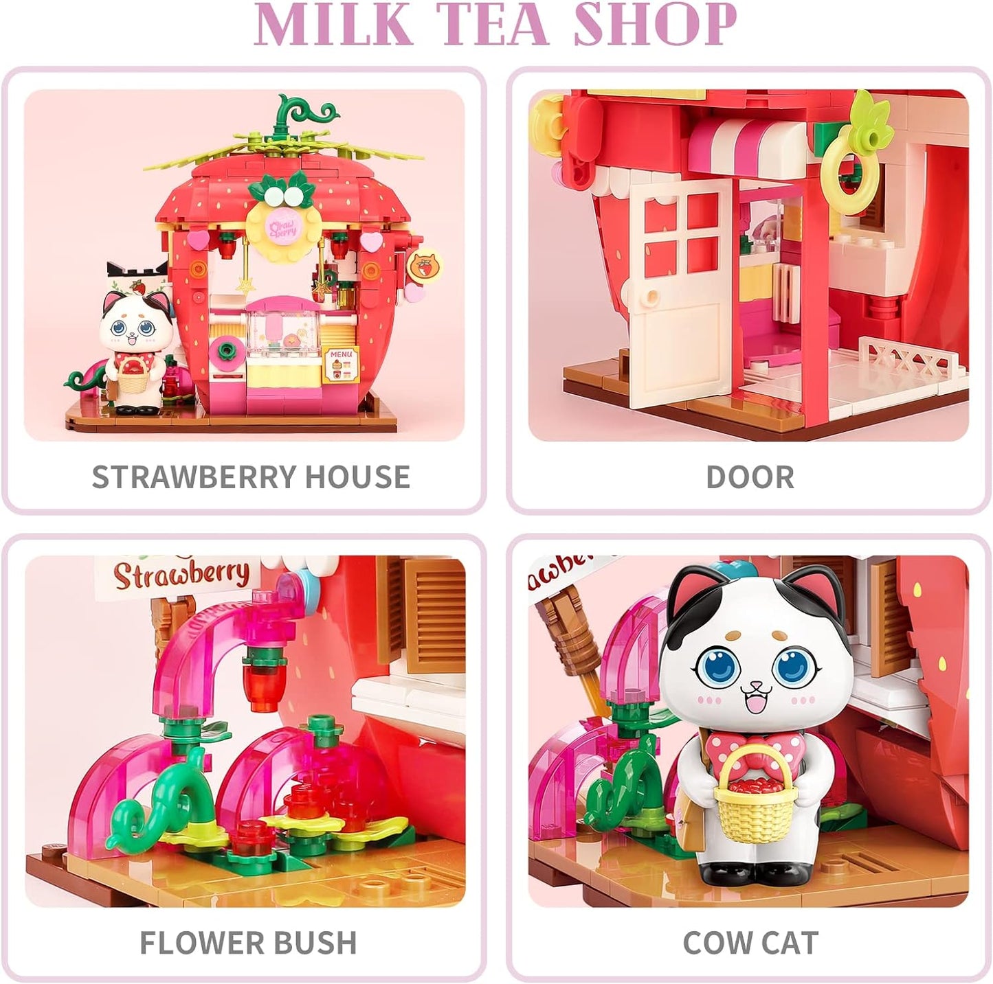 Qmen Keeppley Cat Strawberry House Building Set, Friends House, Creative Cute Construction Kit, with A Lovely Cat, City Corner Building Block Toy for 6+
