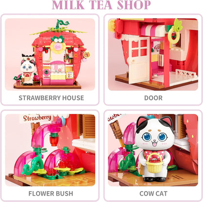 Qmen Keeppley Cat Strawberry House Building Set, Friends House, Creative Cute Construction Kit, with A Lovely Cat, City Corner Building Block Toy for 6+